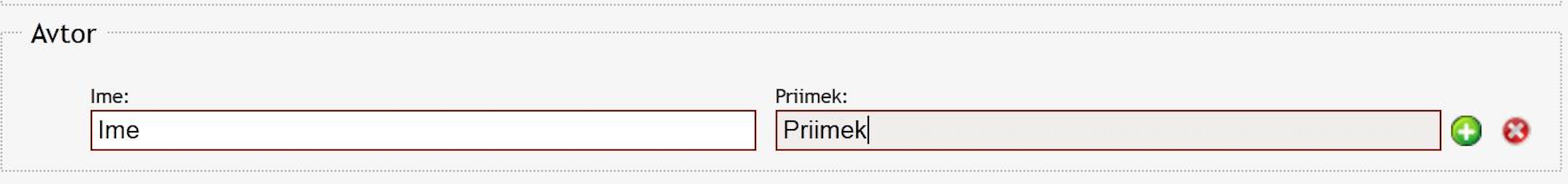 Polji za vpisovanje imena in priimka avtorja.