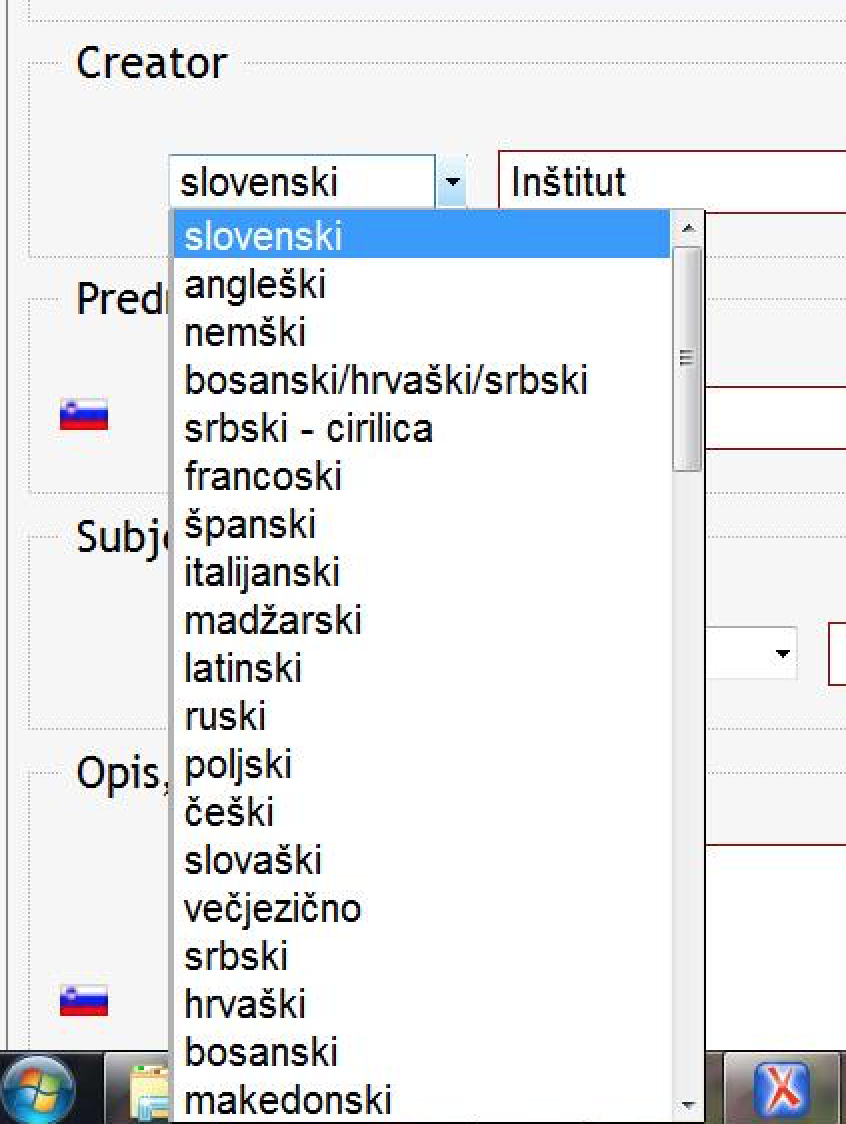 Creator: izbor atributa za jezik.