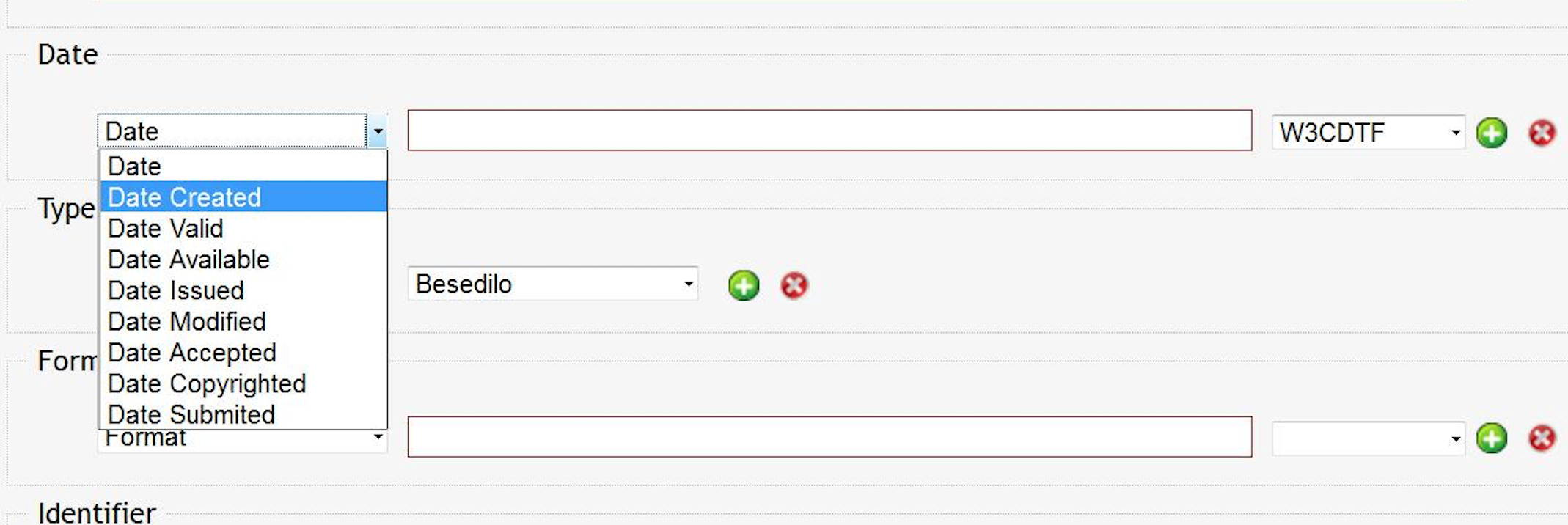 Sklop Date: izbor vrste datuma.