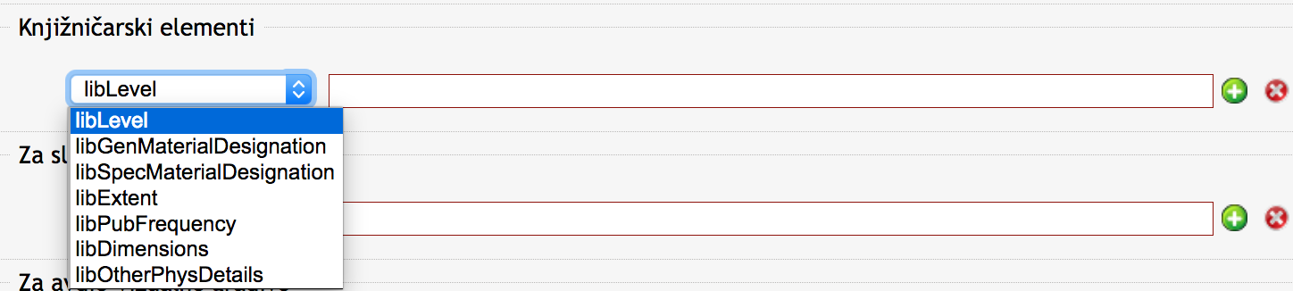 Izbor vrste metapodatkovnega polja v sklopu Knjižničarski elementi.
