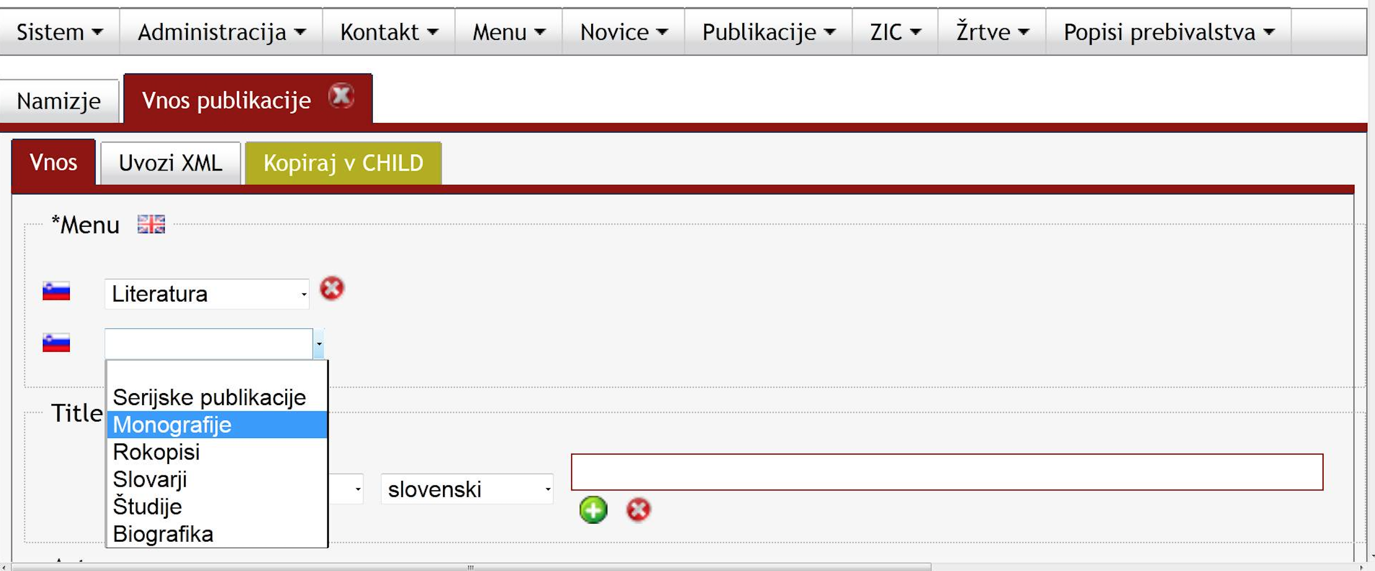 Izbira ustreznega menija.