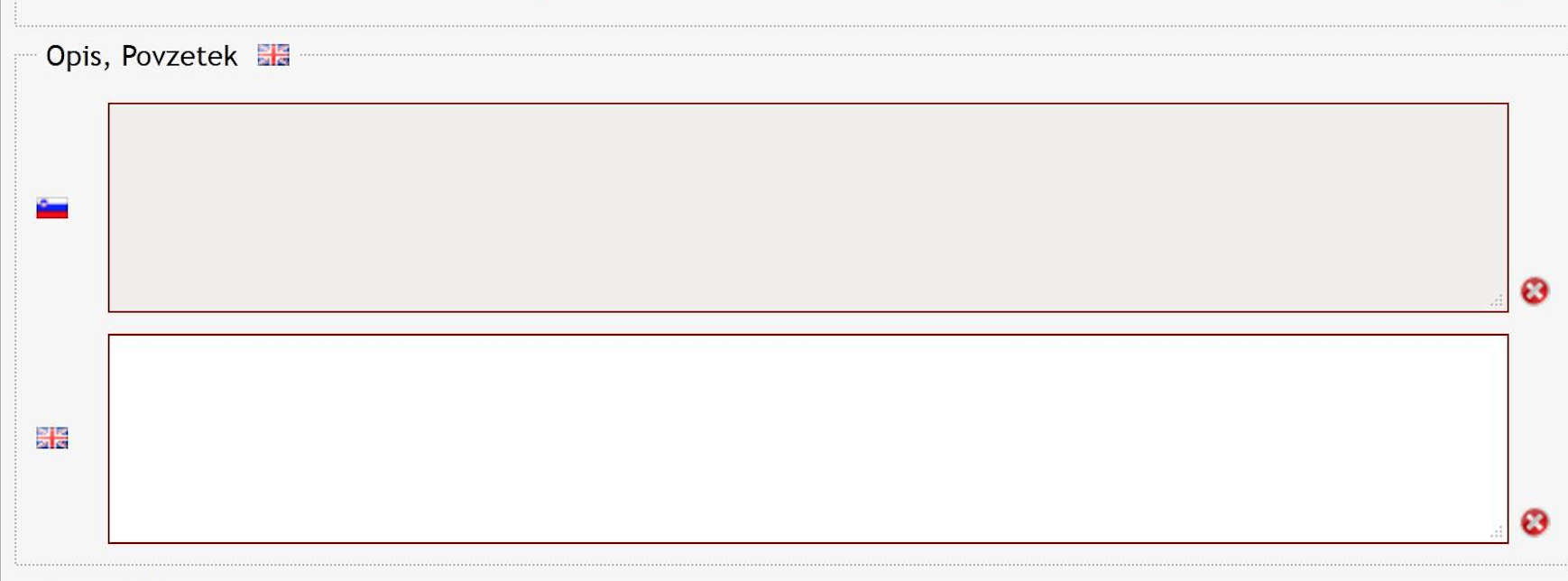 Polja za vpisovanje slovenskega in angleškega opisa oziroma povzetka
                  objekta.