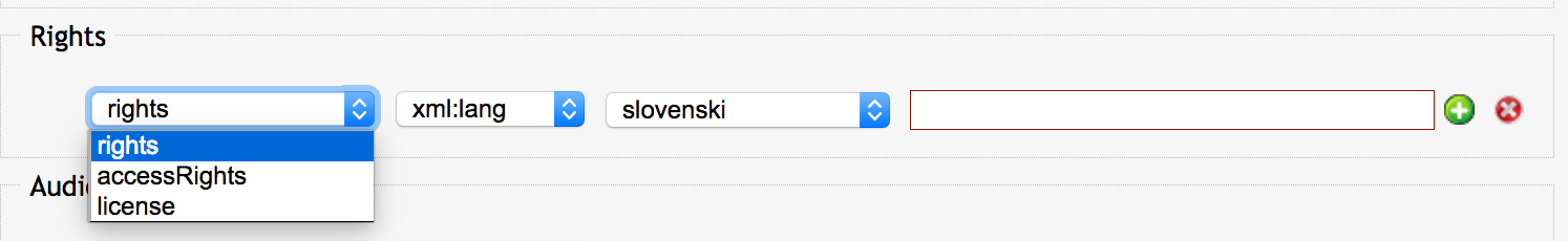 Izbor vrste metapodatkovnega polja za vpisovanje avtorskih pravic.